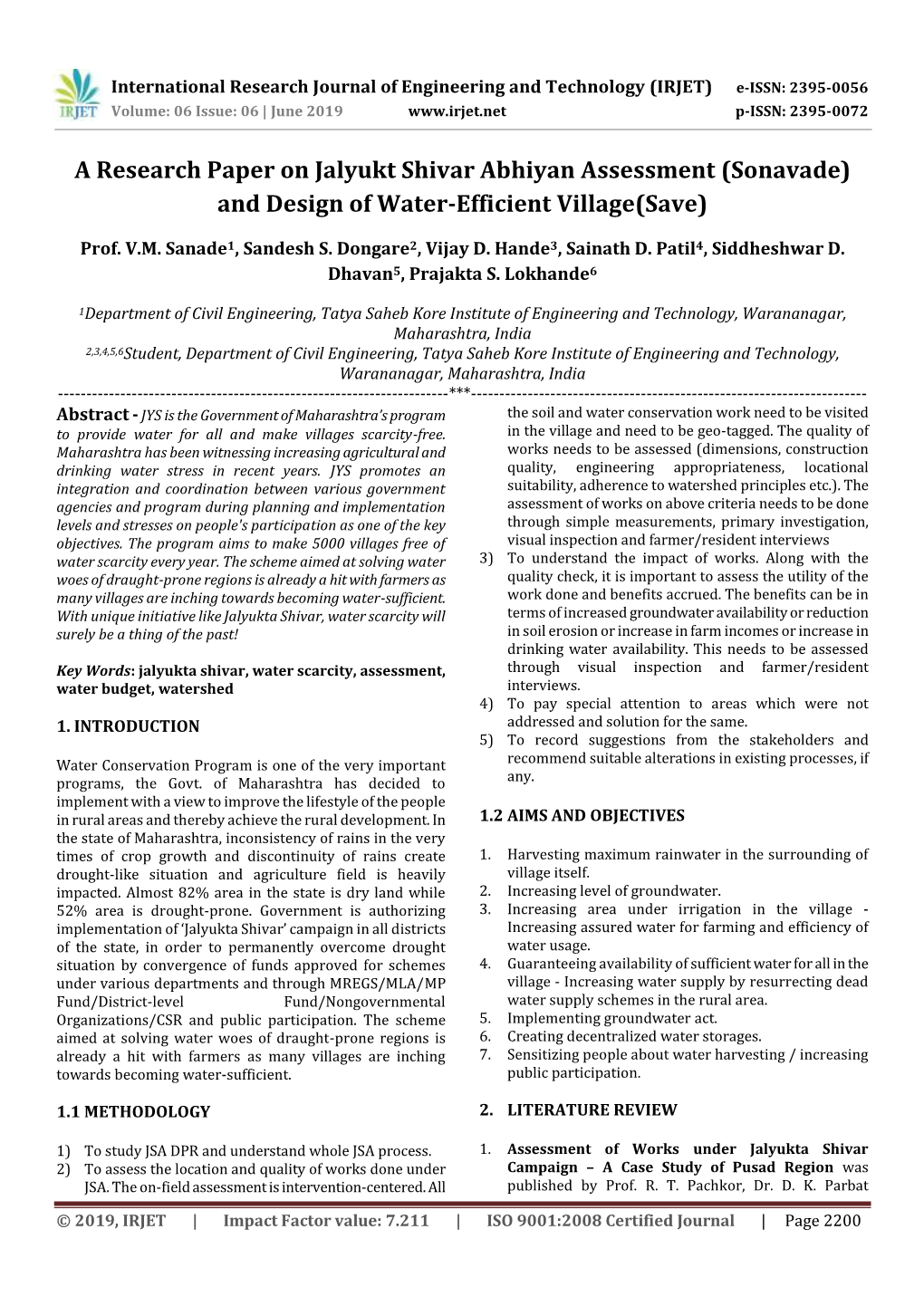 A Research Paper on Jalyukt Shivar Abhiyan Assessment (Sonavade) and Design of Water-Efficient Village(Save)