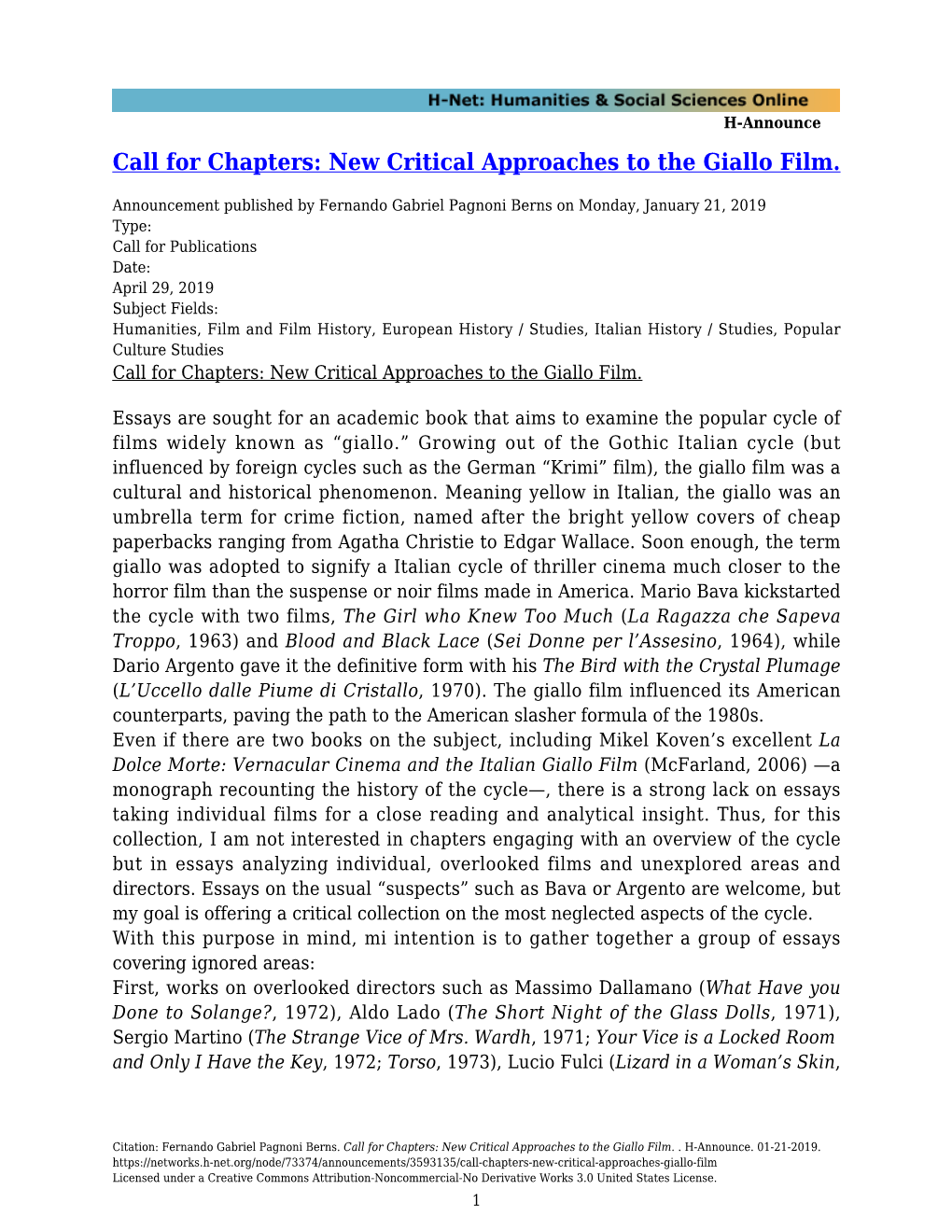 Call for Chapters: New Critical Approaches to the Giallo Film