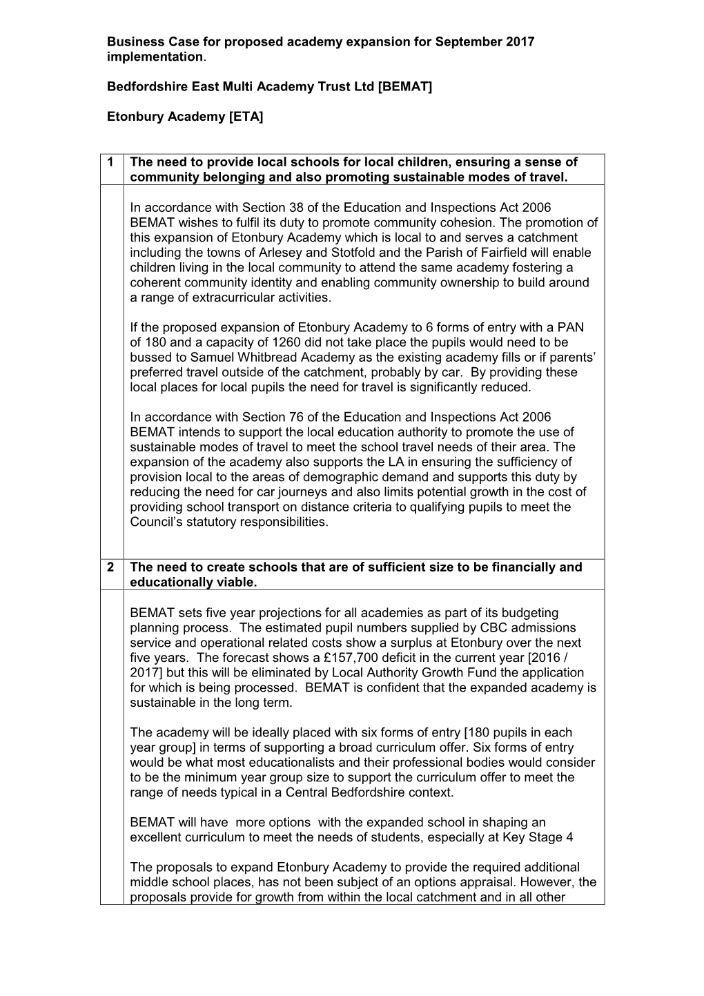 Business Case for Proposed Academy Expansion for September 2017 Implementation