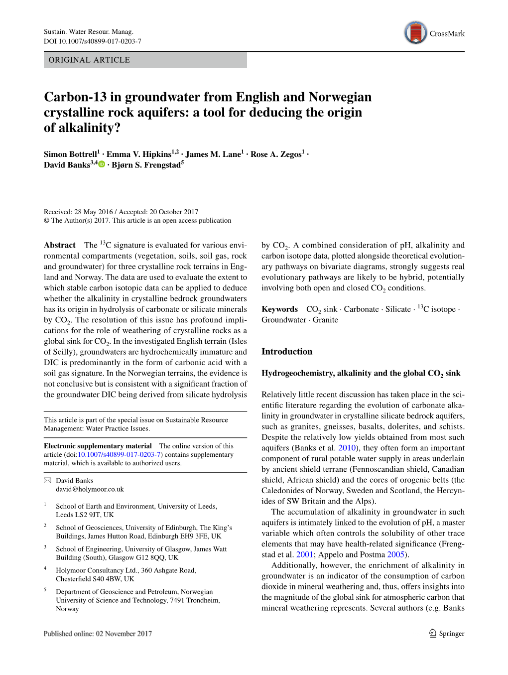 Carbon-13 in Groundwater from English and Norwegian Crystalline Rock Aquifers: a Tool for Deducing the Origin of Alkalinity?