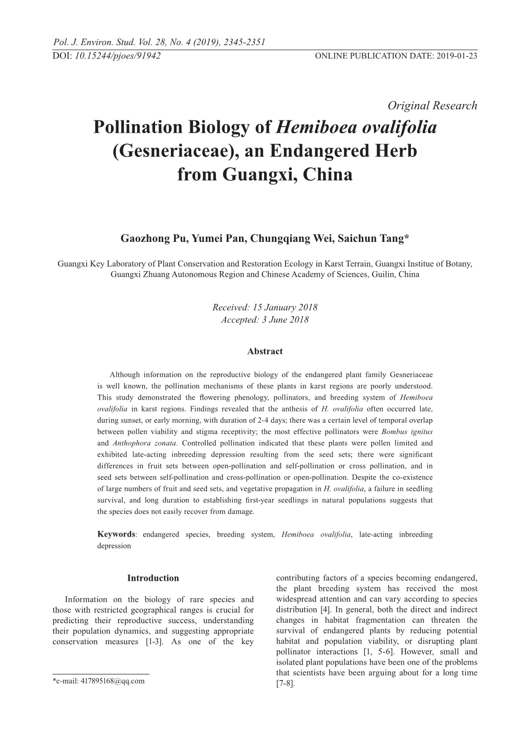 Pollination Biology of Hemiboea Ovalifolia (Gesneriaceae), an Endangered Herb from Guangxi, China