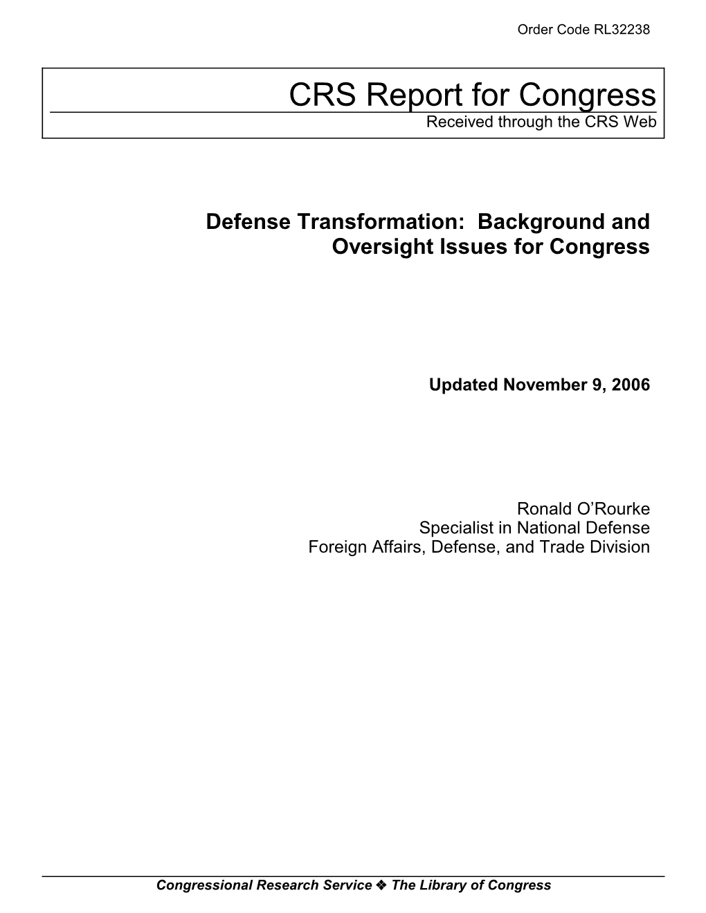 Defense Transformation: Background and Oversight Issues for Congress