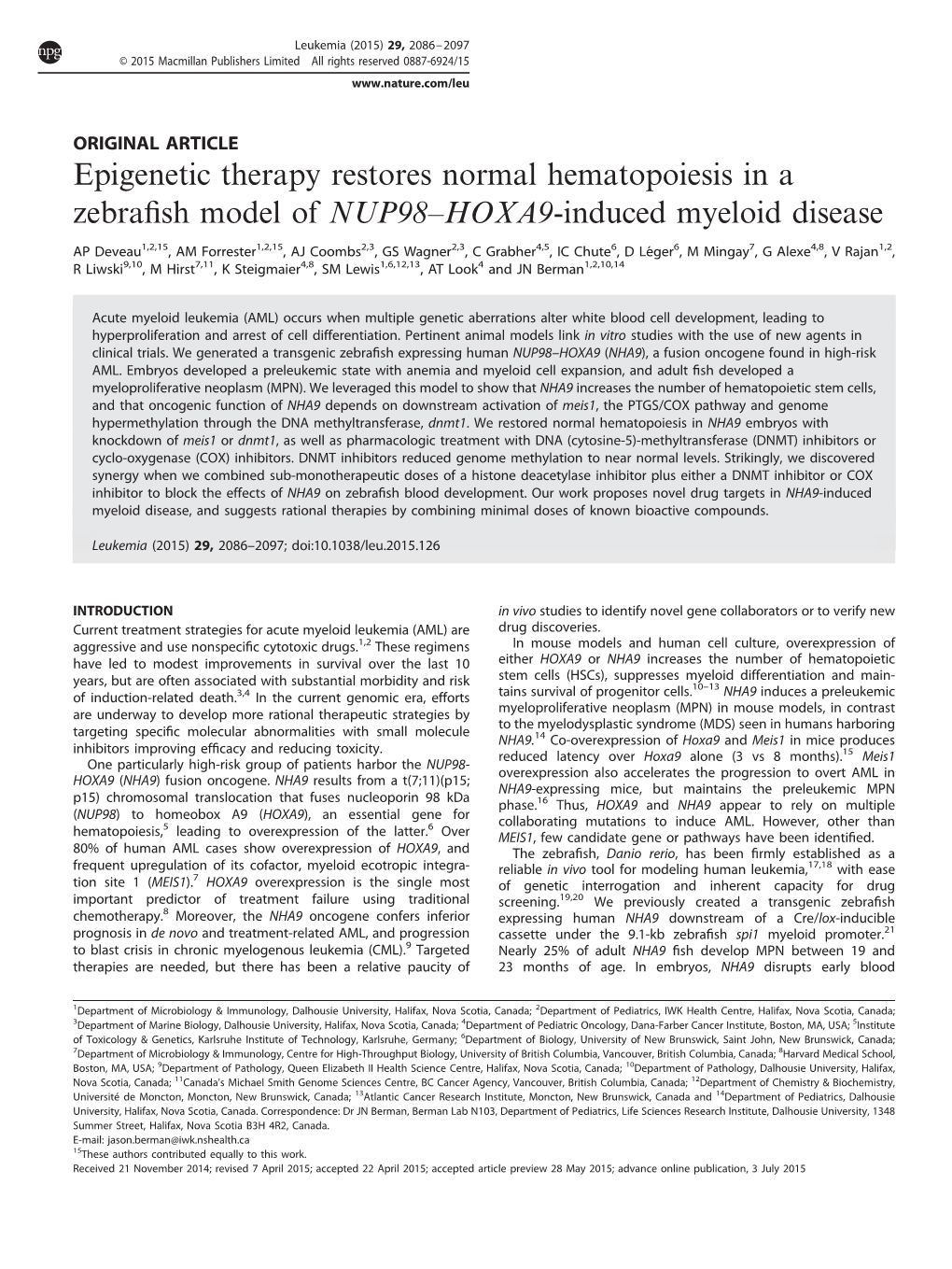 Epigenetic Therapy Restores Normal Hematopoiesis in a Zebrafish Model