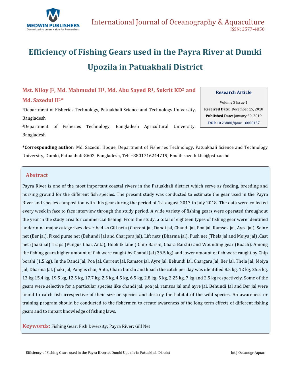 Efficiency of Fishing Gears Used in the Payra River at Dumki Upozila in Patuakhali District