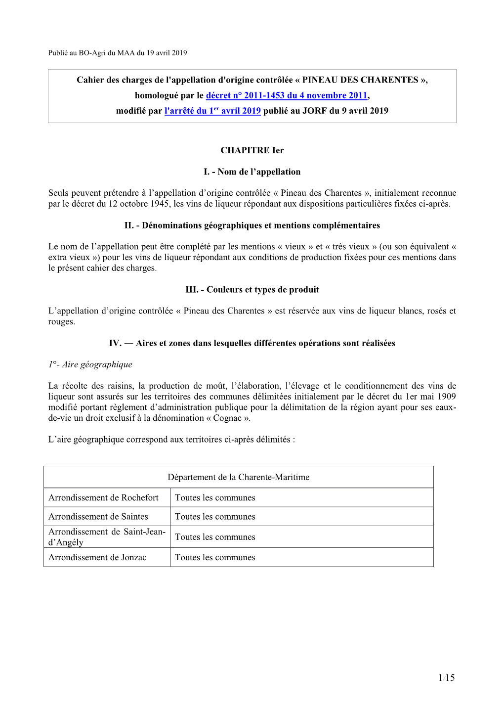 Cahier Des Charges De L'appellation D'origine Contrôlée Pineau Des