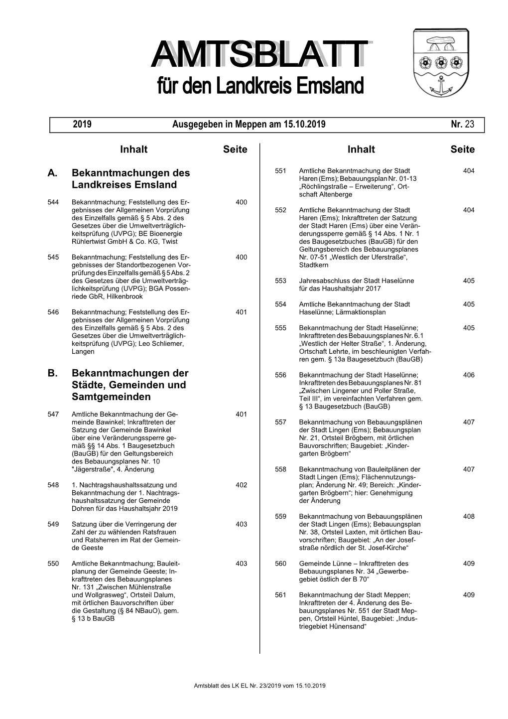 Inhalt Seite A. Bekanntmachungen Des Landkreises Emsland B