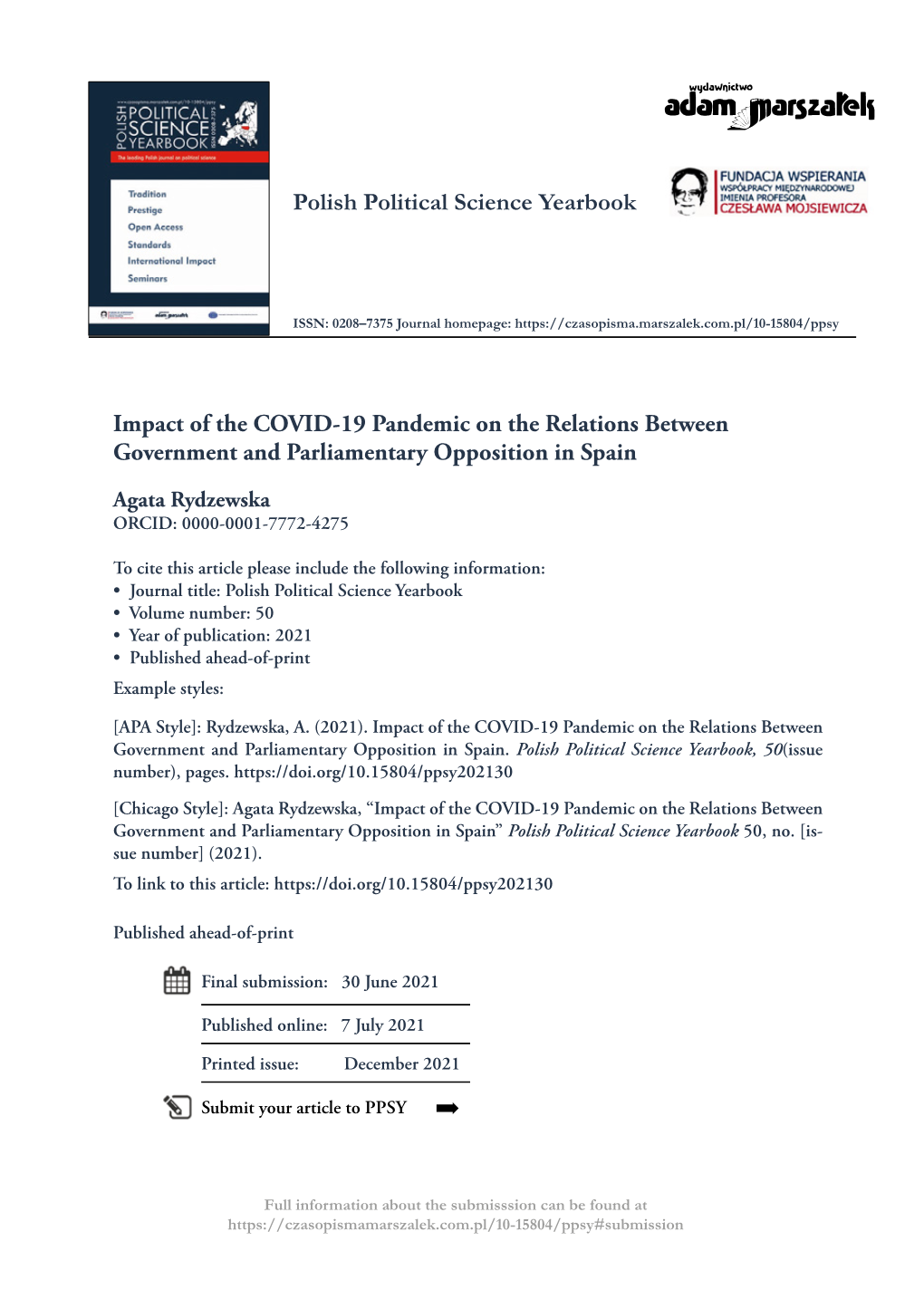 Polish Political Science Yearbook Impact of the COVID-19 Pandemic on the Relations Between Government and Parliamentary Oppositi