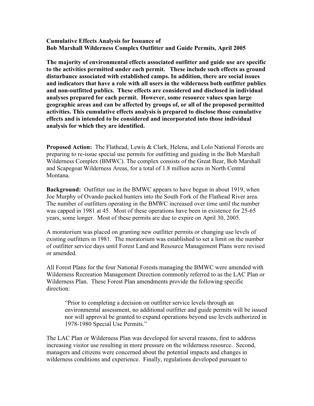 Cumulative Effects Analysis for Issuance of Bob Marshall Wilderness Complex Outfitter and Guide Permits, April 2005