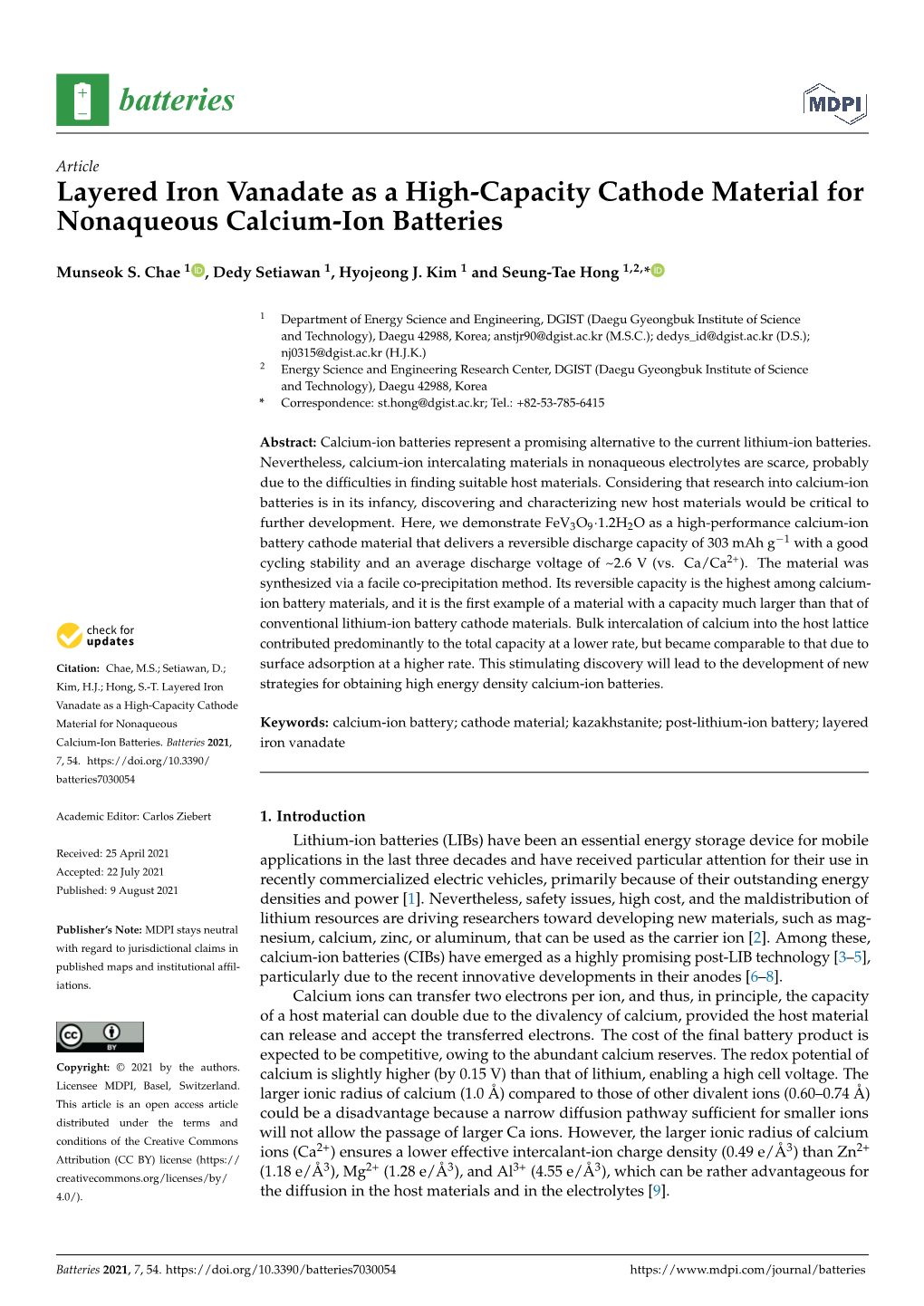 Layered Iron Vanadate As a High-Capacity Cathode Material for Nonaqueous Calcium-Ion Batteries