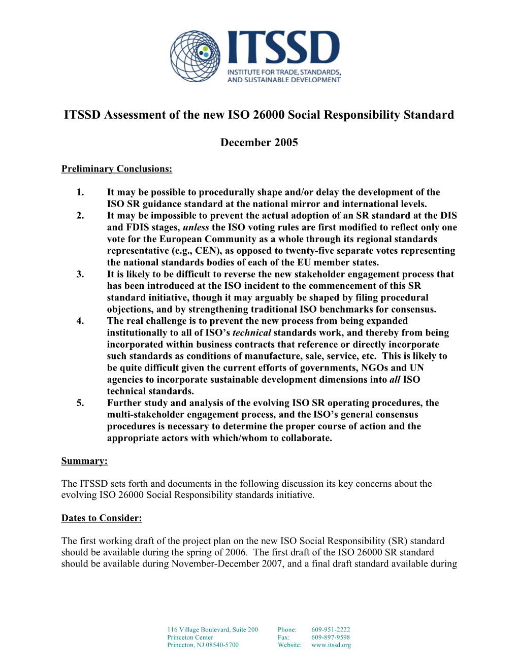 ITSSD Assessment of the New ISO 26000 Social Responsibility Standard