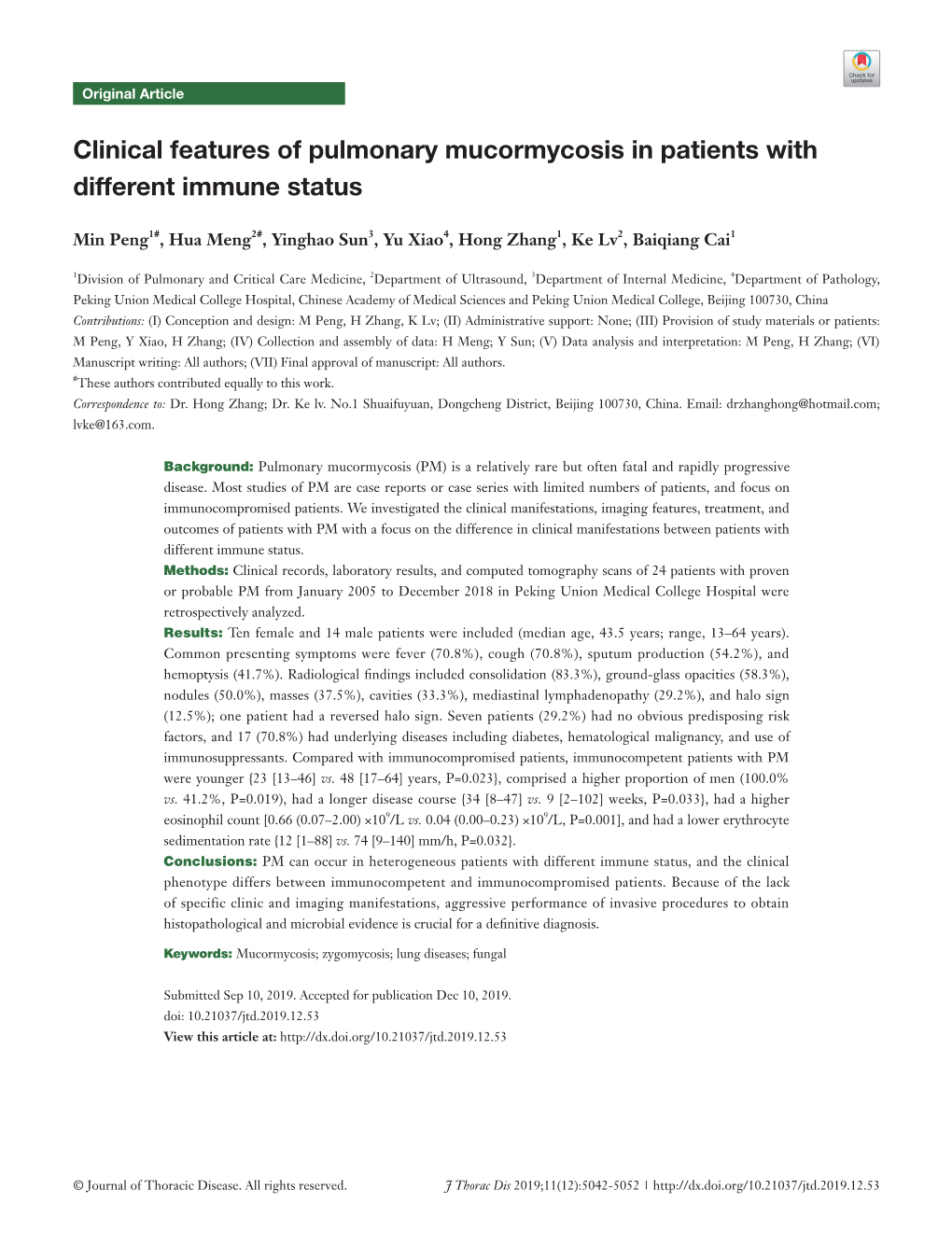 Clinical Features of Pulmonary Mucormycosis in Patients with Different Immune Status