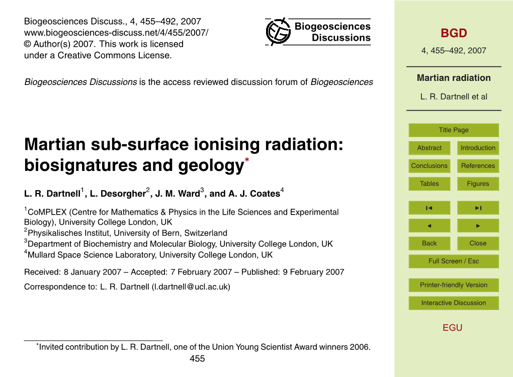 Martian Sub-Surface Ionising Radiation: Abstract Introduction ∗ Biosignatures and Geology Conclusions References Tables Figures L