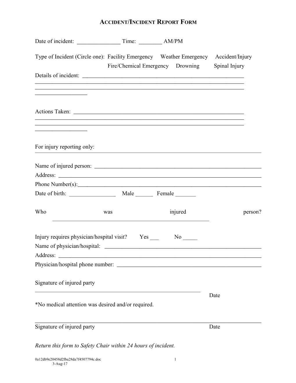 Sample Incident/Accident Report Form