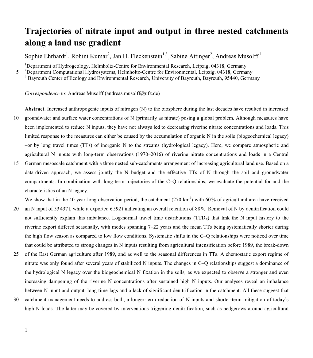 Trajectories of Nitrate Input and Output in Three Nested Catchments Along a Land Use Gradient