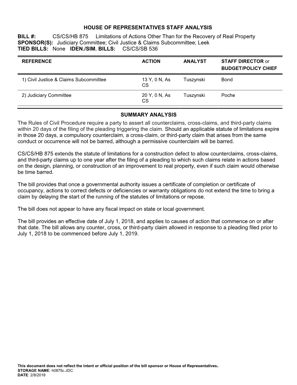 HOUSE of REPRESENTATIVES STAFF ANALYSIS BILL #: CS/CS/HB 875 Limitations of Actions Other Than for the Recovery of Real