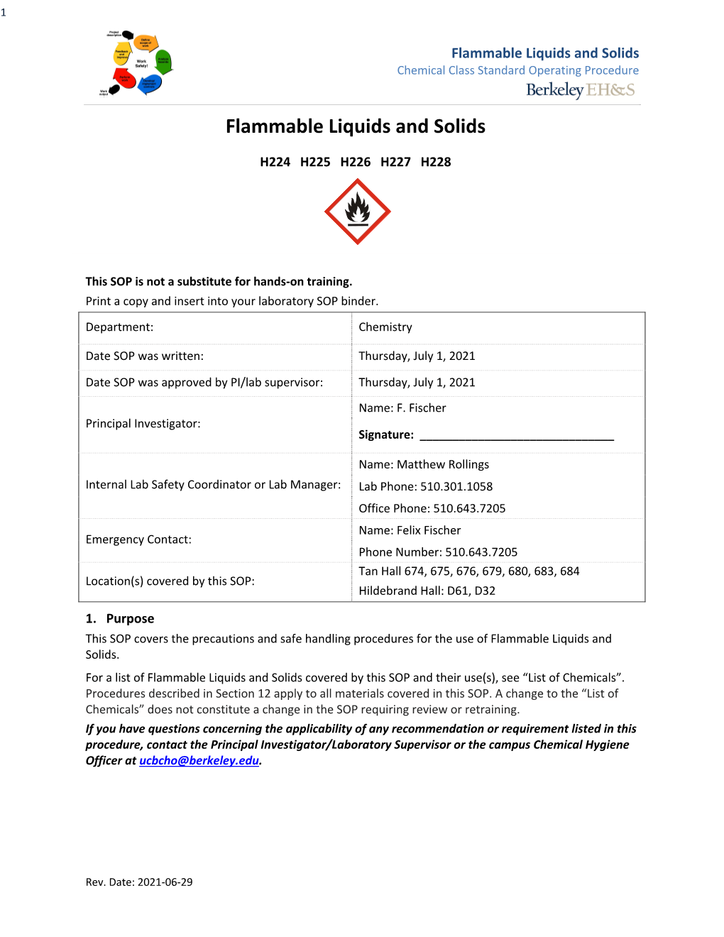 Flammable Liquids and Solids Chemical Class Standard Operating Procedure