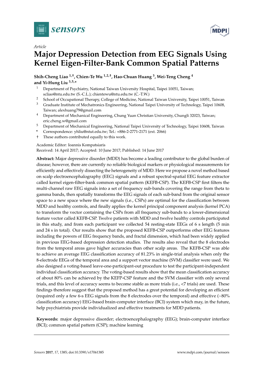 Major Depression Detection from EEG Signals Using Kernel Eigen-Filter-Bank Common Spatial Patterns