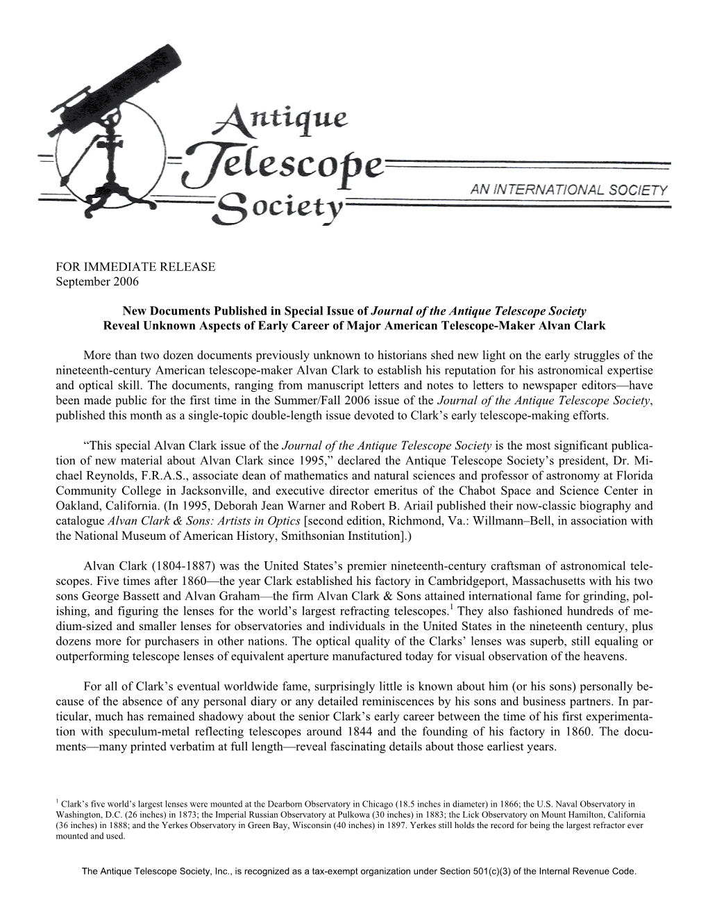 FOR IMMEDIATE RELEASE September 2006 New Documents