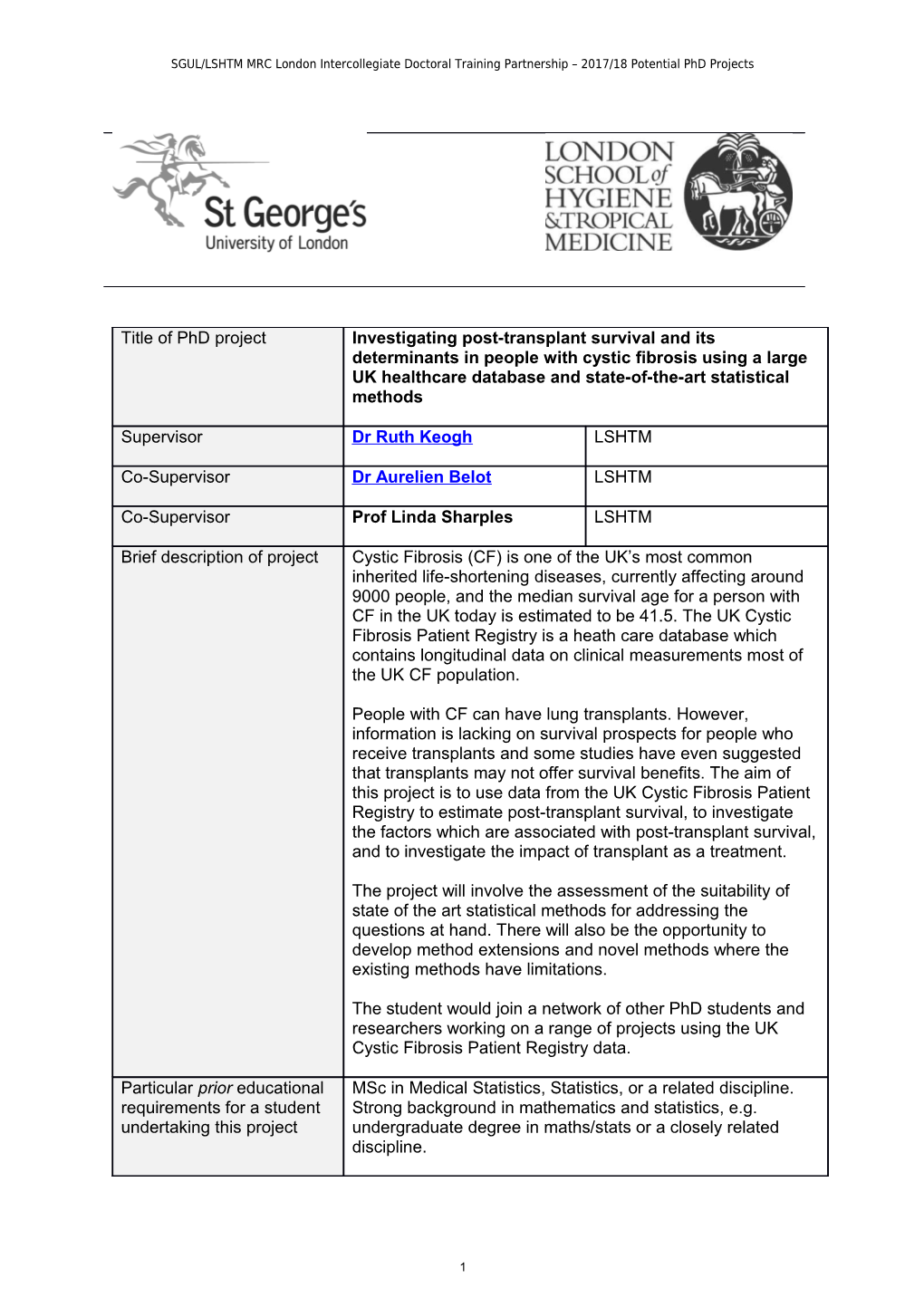 SGUL/LSHTM MRC London Intercollegiate Doctoral Training Partnership 2017/18 Potential Phd