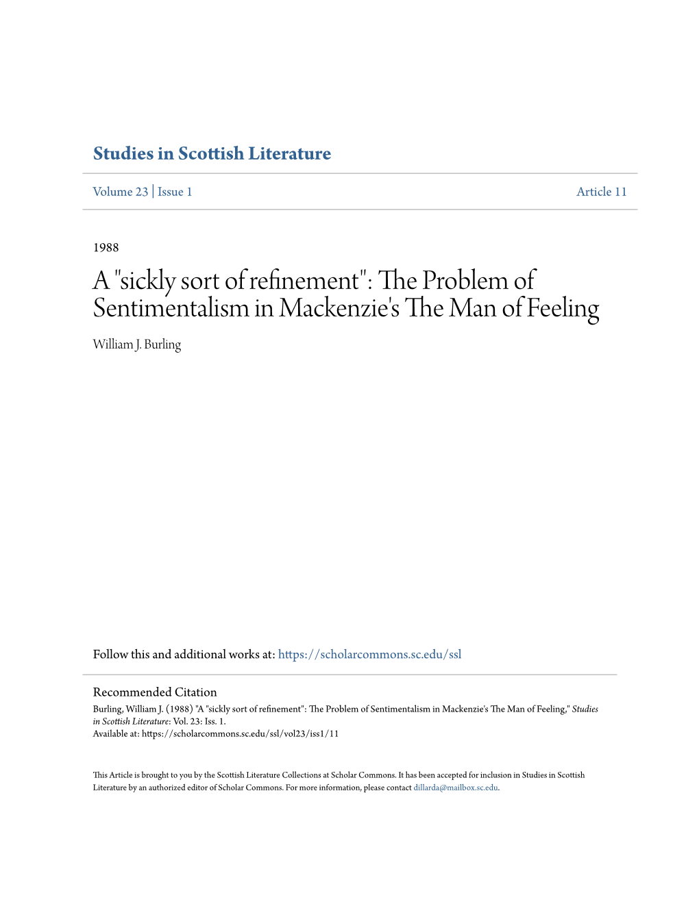 The Problem of Sentimentalism in Mackenzie's the Man of Feeling