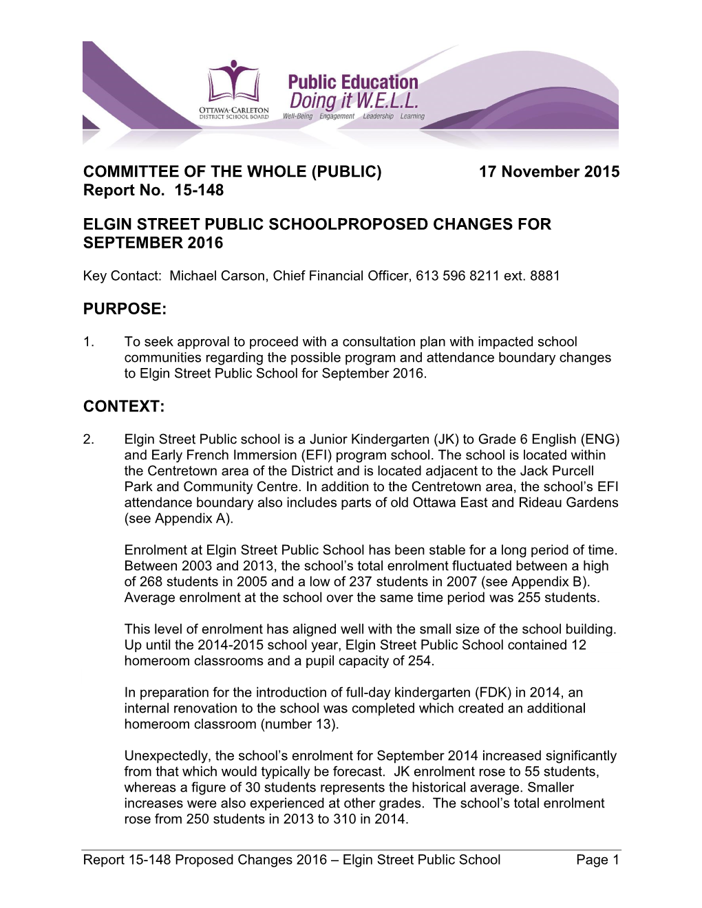 Elgin Street Public Schoolproposed Changes for September 2016