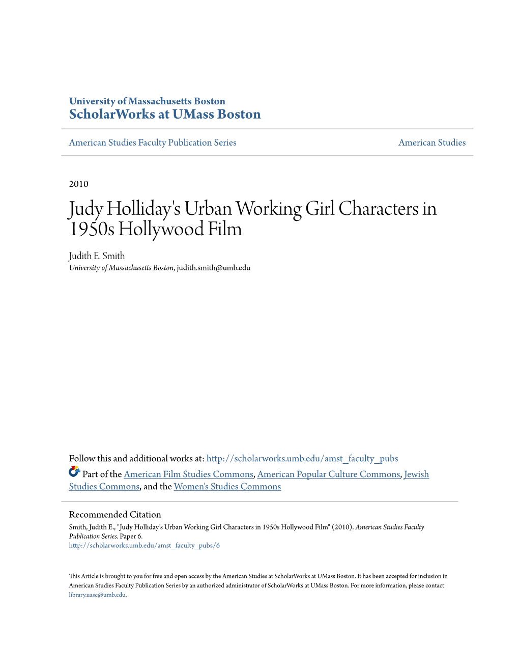 Judy Holliday's Urban Working Girl Characters in 1950S Hollywood Film Judith E