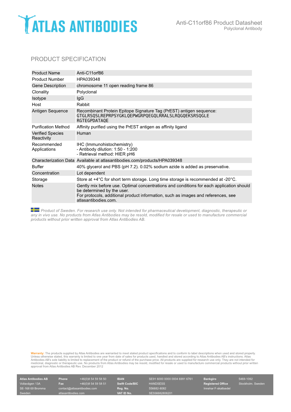 PRODUCT SPECIFICATION Anti-C11orf86 Product Datasheet