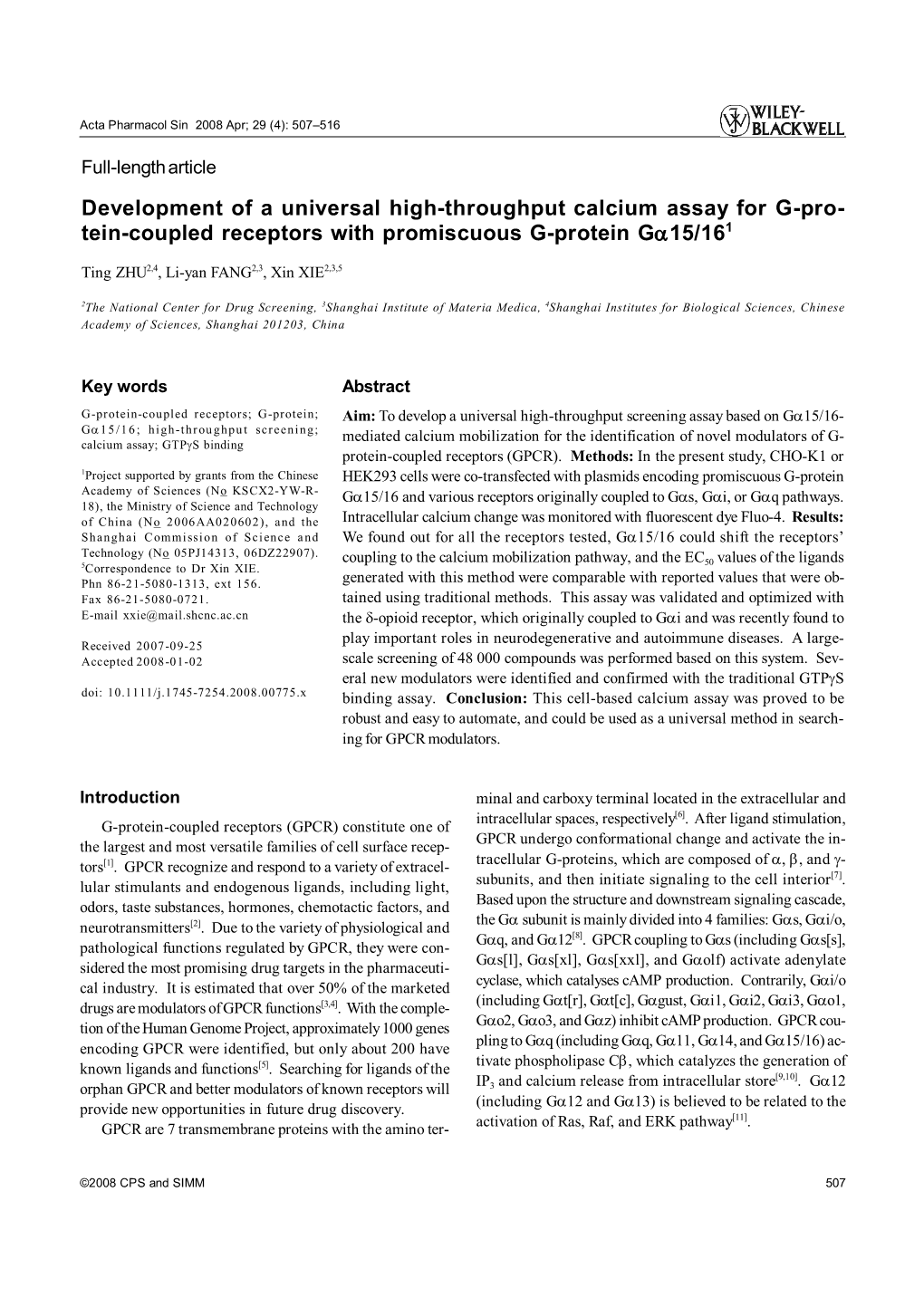 Development of a Universal High-Throughput Calcium Assay for G-Protein-Coupled Receptors with Promiscuous G-Protein Gα15/16