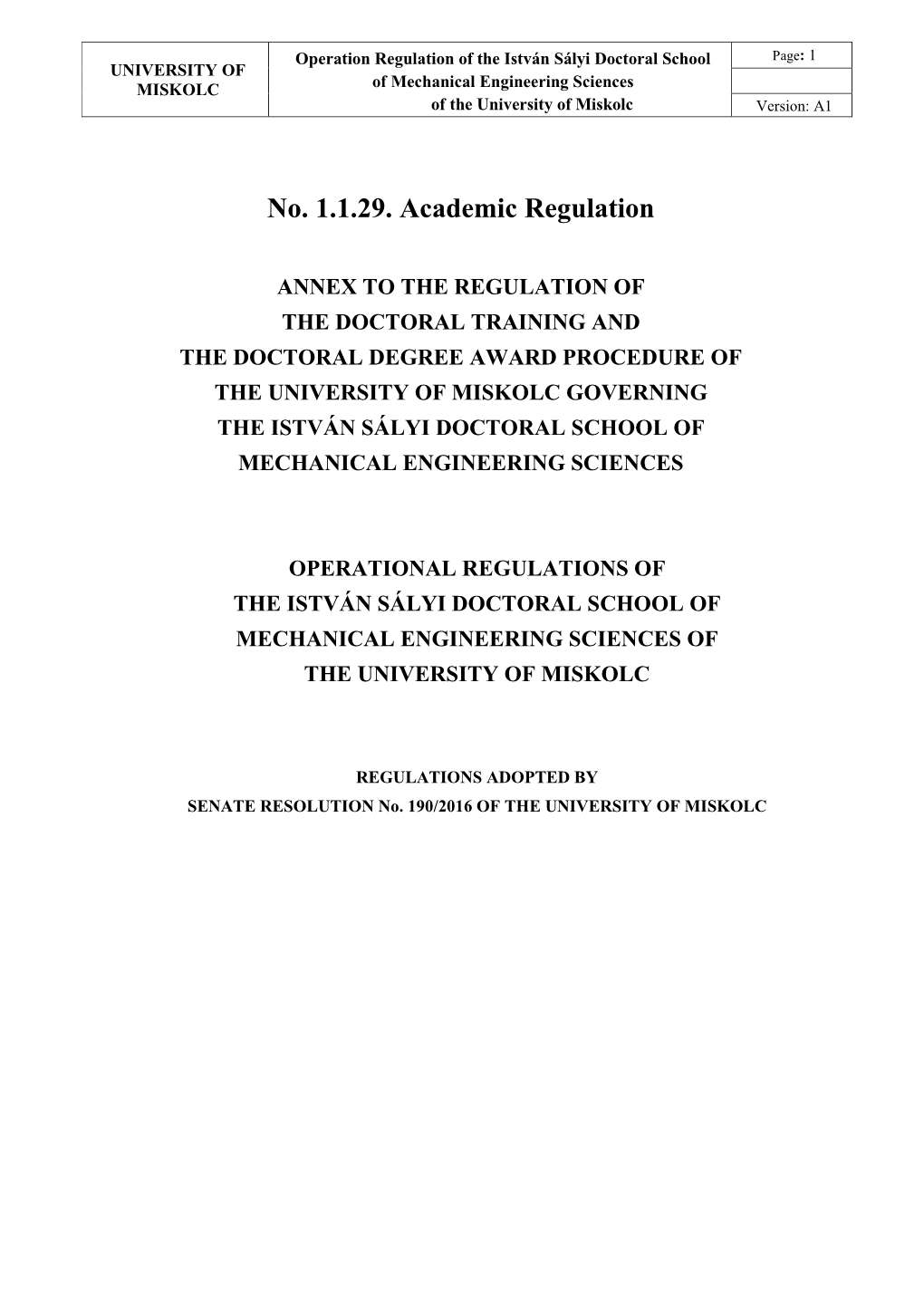 No. 1.1.29. Academic Regulation