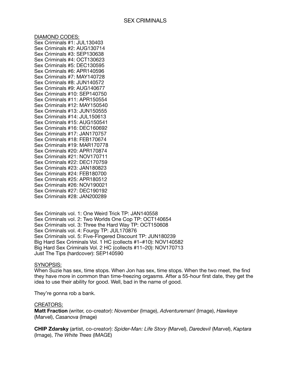 Sex Criminals Sales Sheet