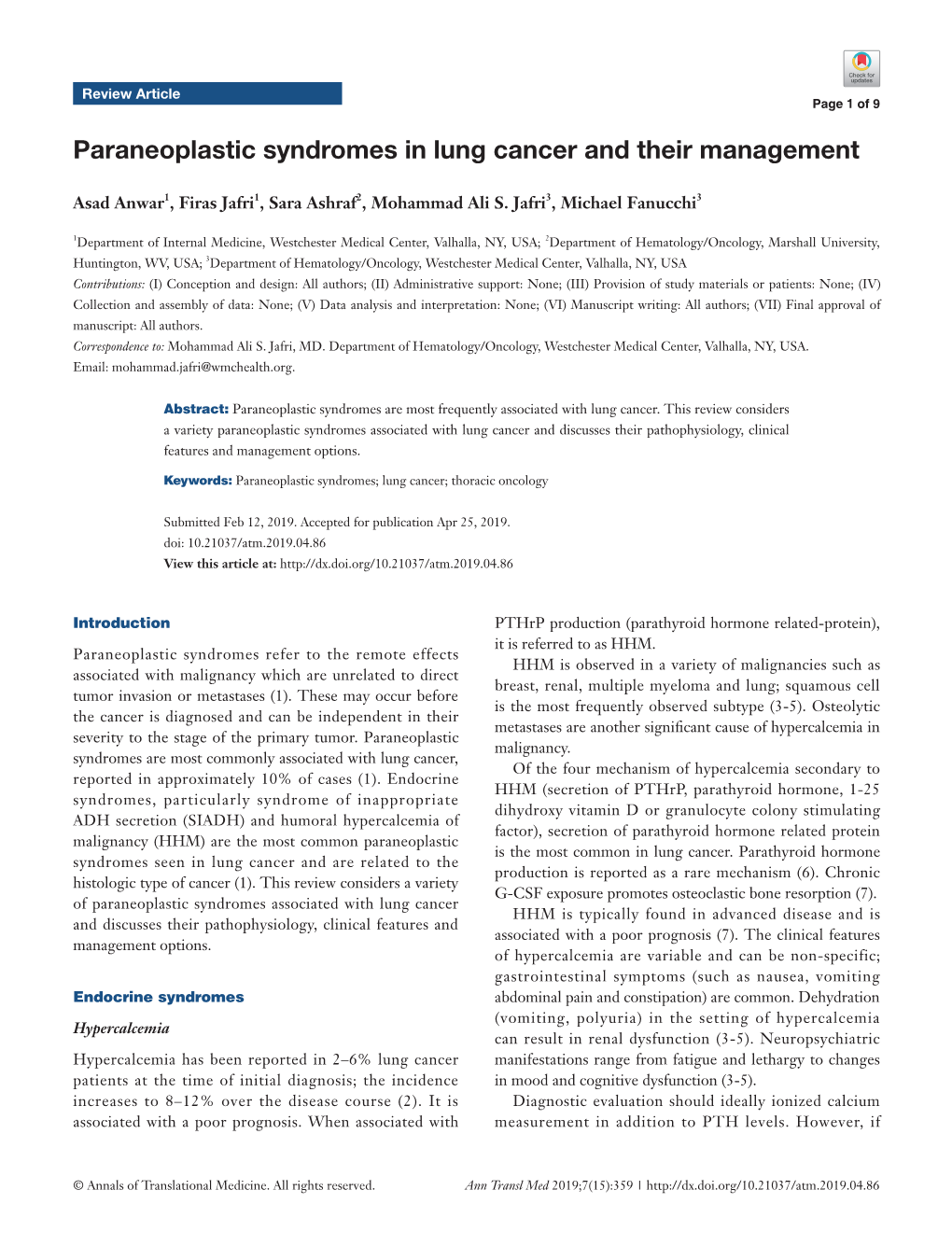 Paraneoplastic Syndromes in Lung Cancer and Their Management