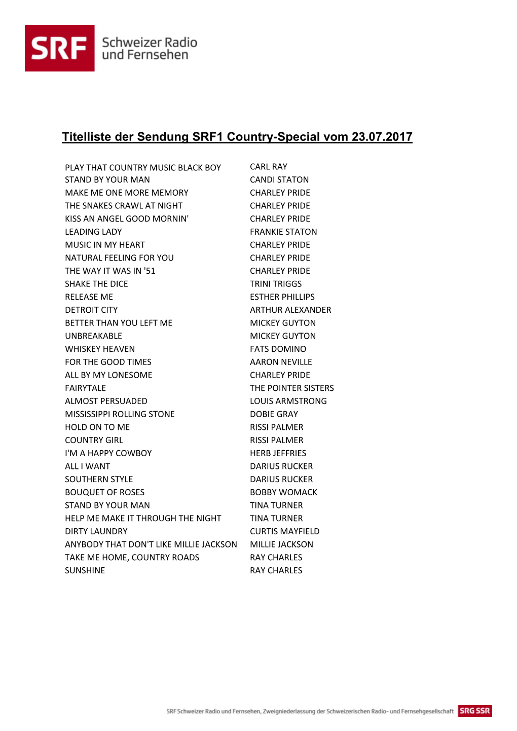 Titelliste Der Sendung SRF1 Country-Special Vom 23.07.2017