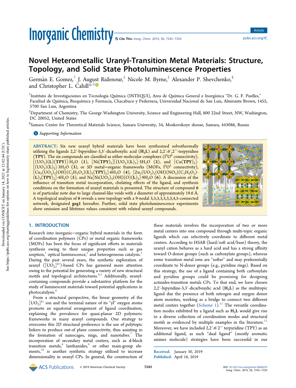 Novel Heterometallic Uranyl-Transition Metal Materials: Structure, Topology, and Solid State Photoluminescence Properties † ‡ ‡ § Germań E