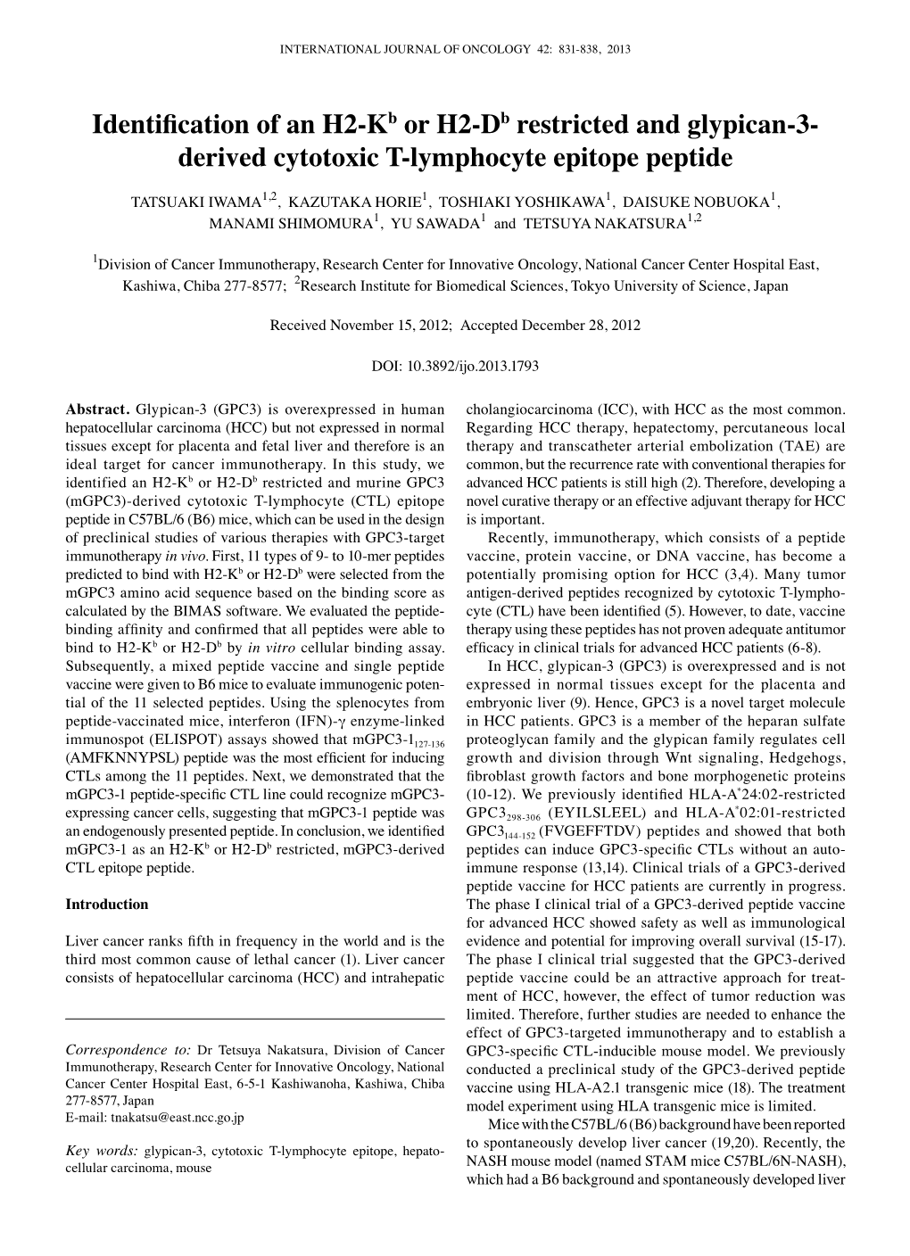 Derived Cytotoxic T-Lymphocyte Epitope Peptide