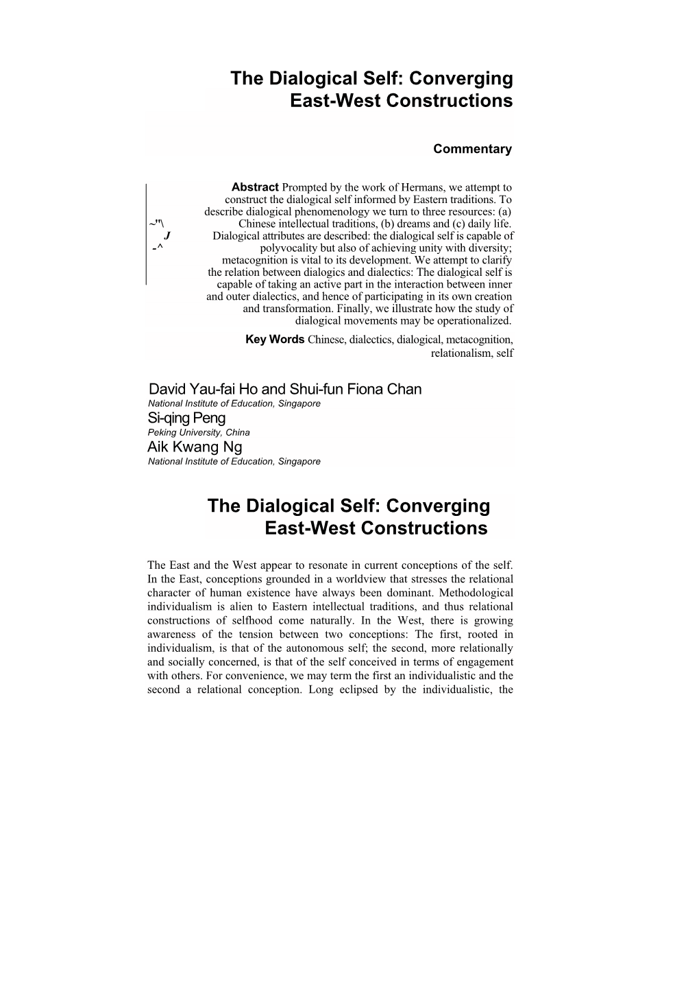 The Dialogical Self: Converging East-West Constructions