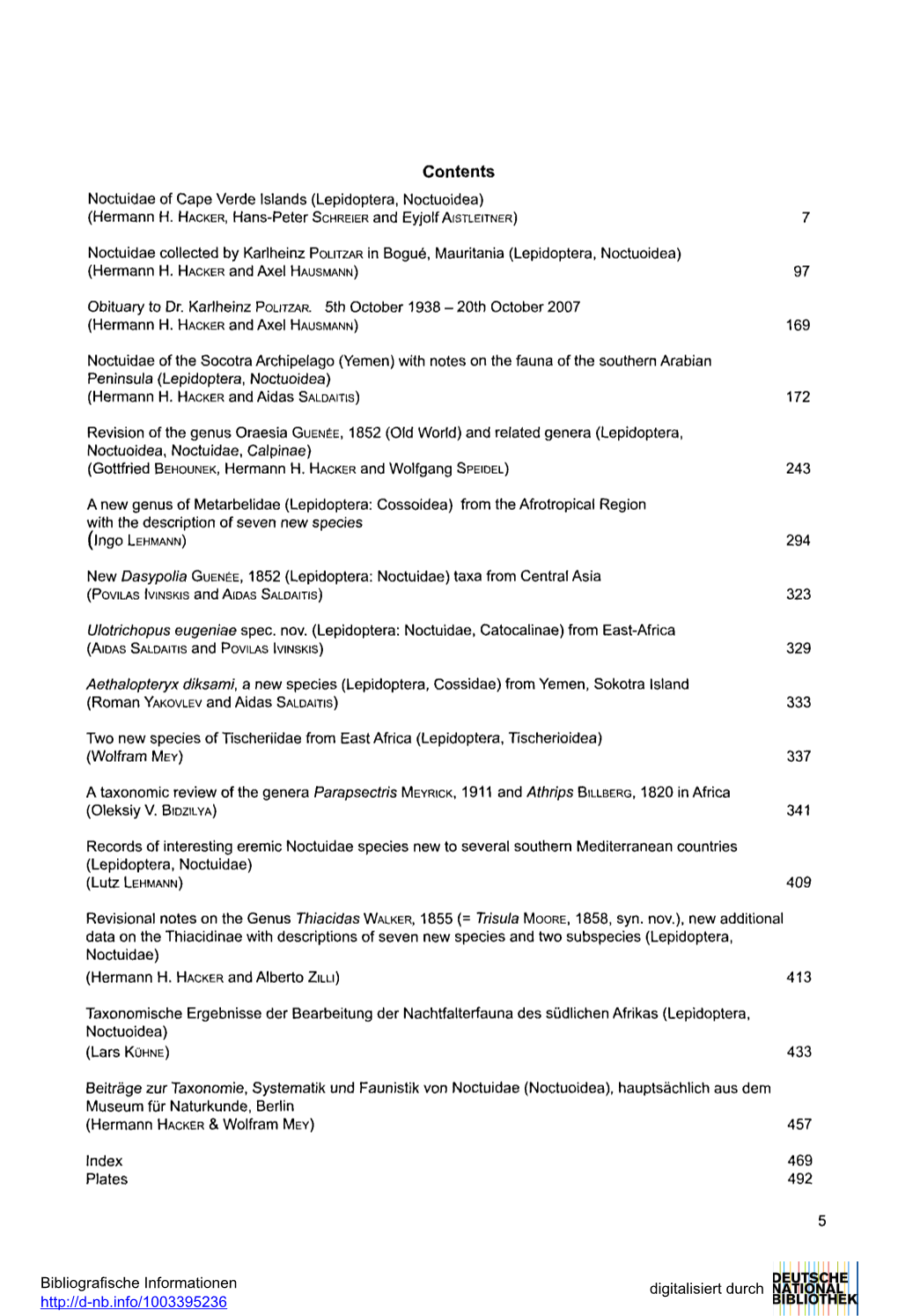 Contents Noctuidae of Cape Verde Islands (Lepidoptera, Noctuoidea) (Hermann H