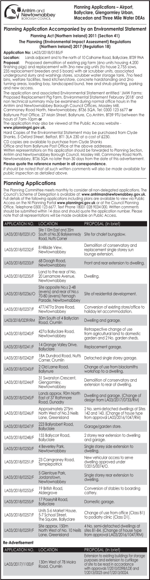 Planning Applications – Airport, Ballyclare, Glengormley Urban, Macedon and Three Mile Water Deas