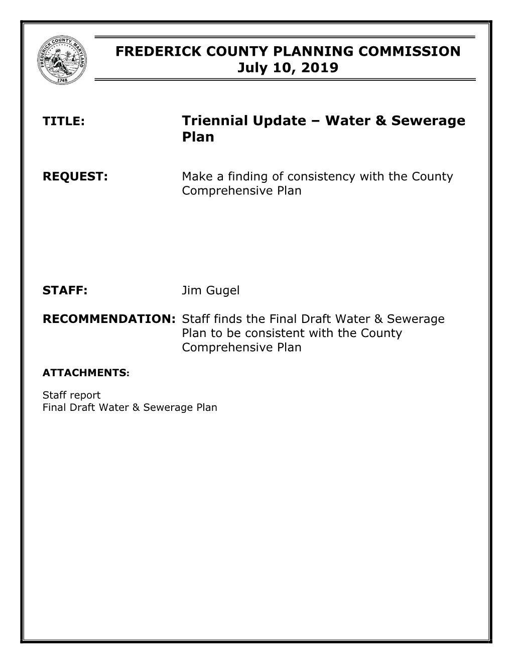 Triennial Update – Water & Sewerage Plan