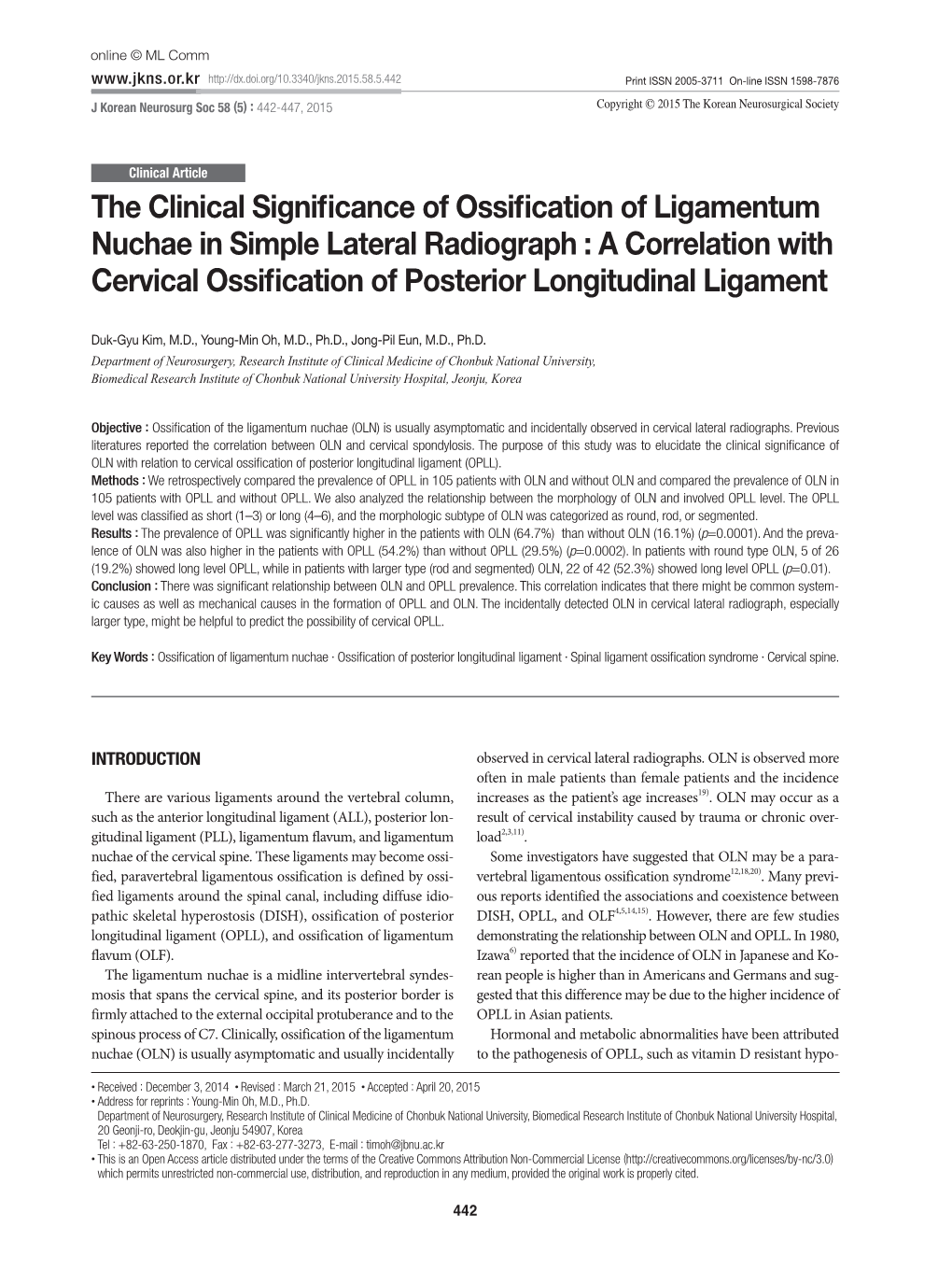 The Clinical Significance of Ossification of Ligamentum Nuchae