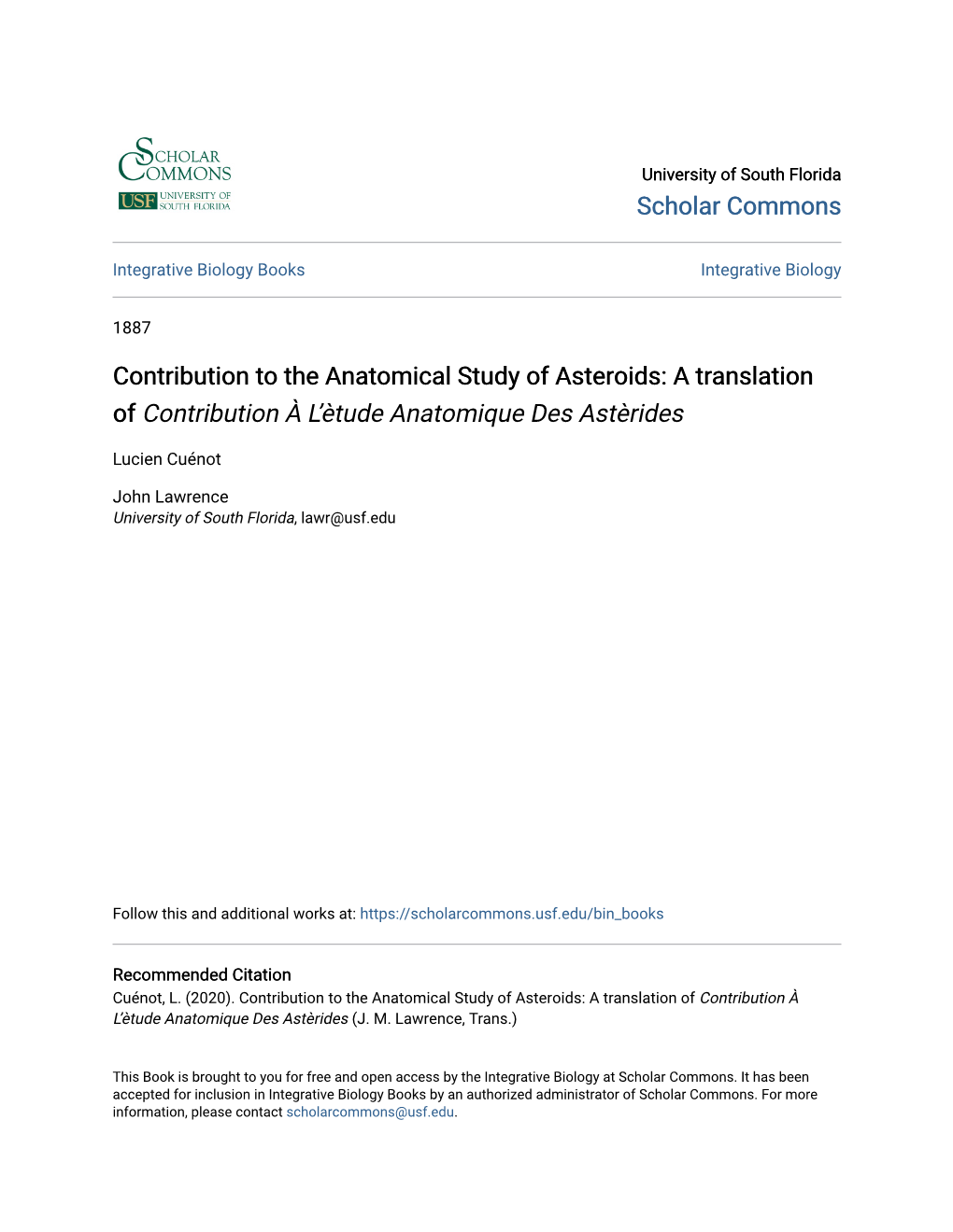 Contribution to the Anatomical Study of Asteroids: a Translation of Contribution À L’Ètude Anatomique Des Astèrides