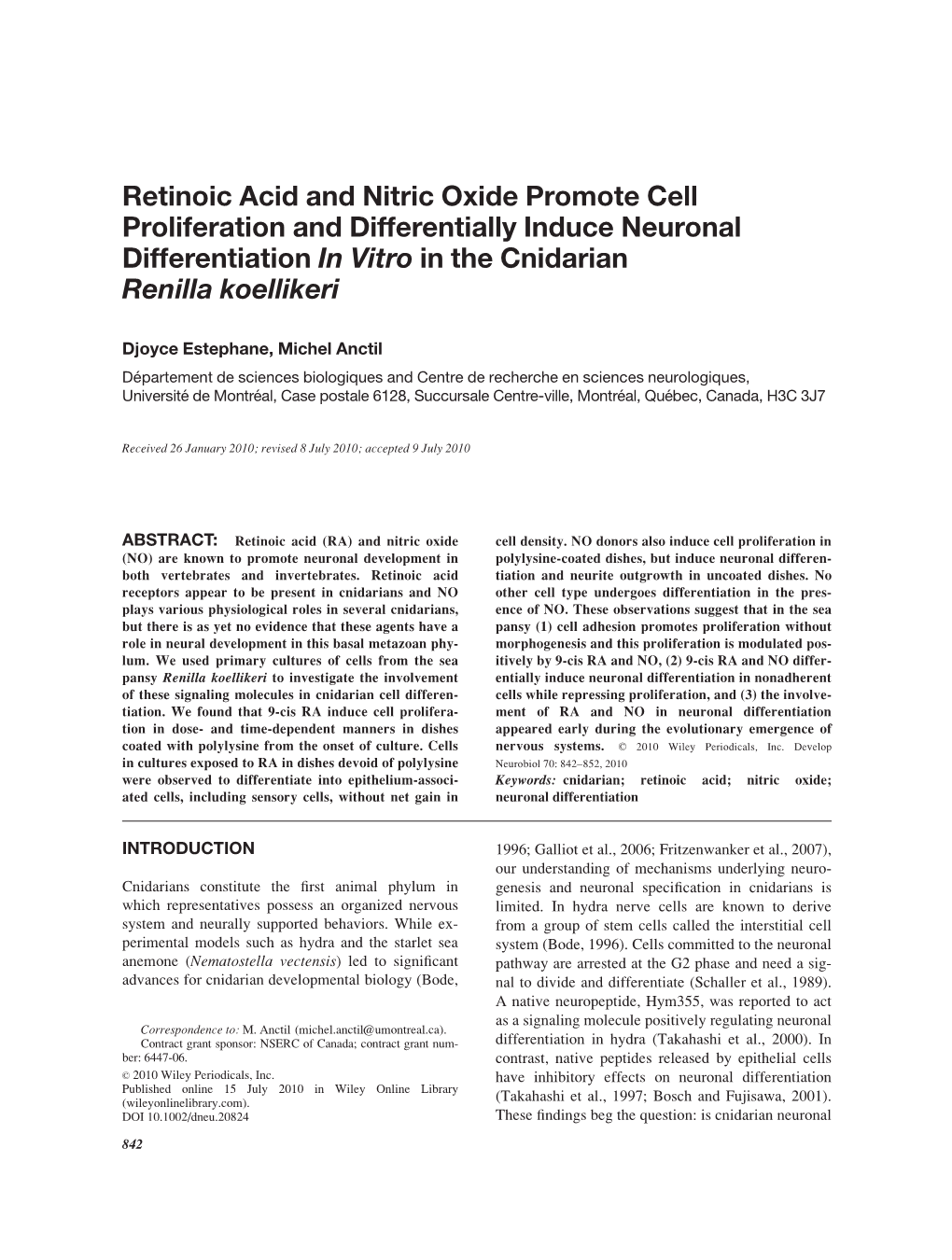 Retinoic Acid and Nitric Oxide Promote Cell Proliferation and Differentially Induce Neuronal Differentiation in Vitro in the Cnidarian Renilla Koellikeri