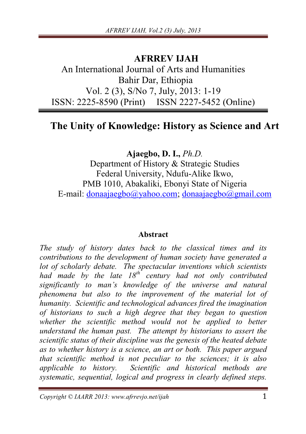 The Unity of Knowledge: History As Science and Art