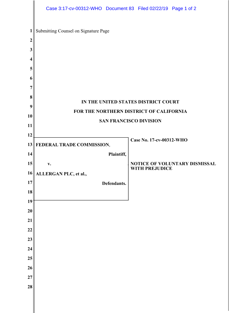 Allergan PLC, Et Al.: Notice of Voluntary Dismissal with Prejudice