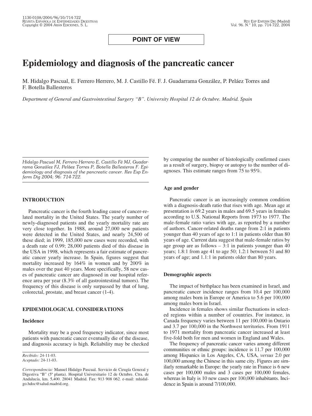 Epidemiology and Diagnosis of the Pancreatic Cancer