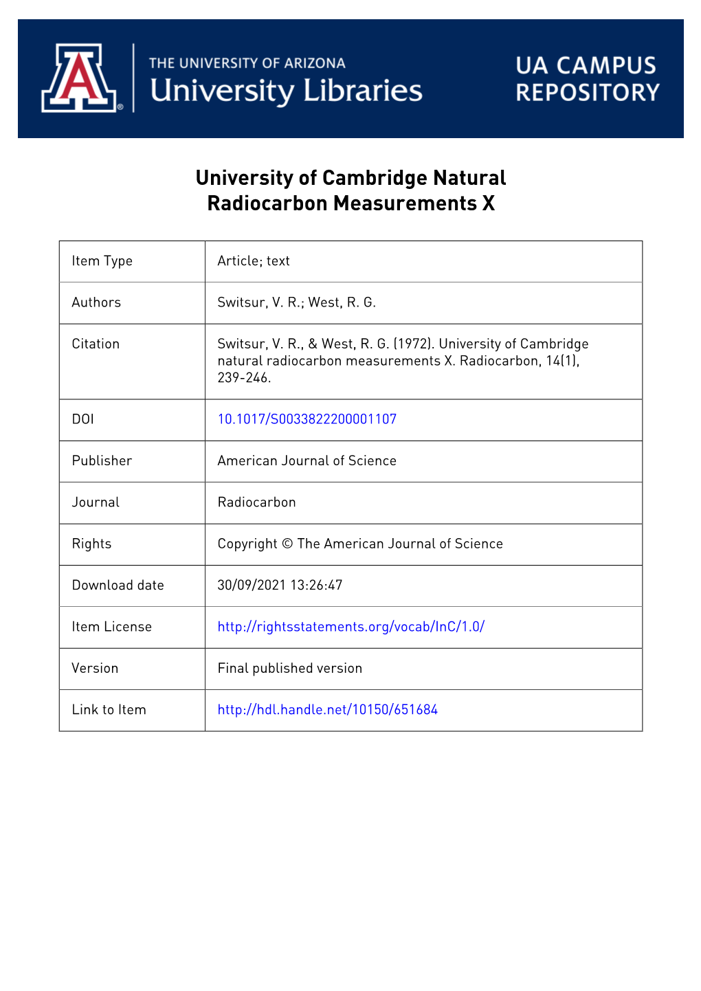 V. R. SWITSUR and R. G. WEST Sub-Department of Quaternary Research, 5 Salisbury Villas, Station Road, Cambridge, England