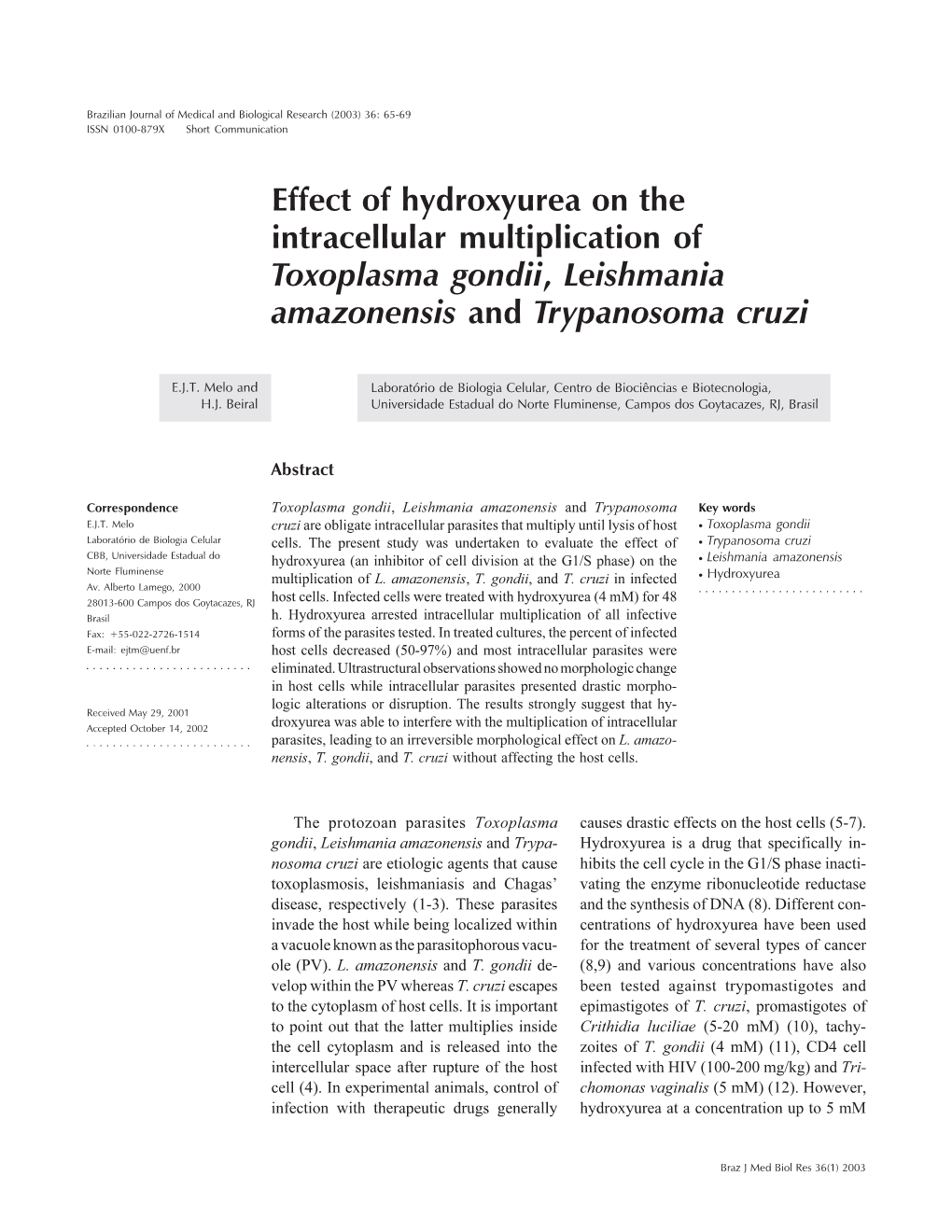 Effect of Hydroxyurea on the Intracellular Multiplication of Toxoplasma Gondii, Leishmania Amazonensis and Trypanosoma Cruzi