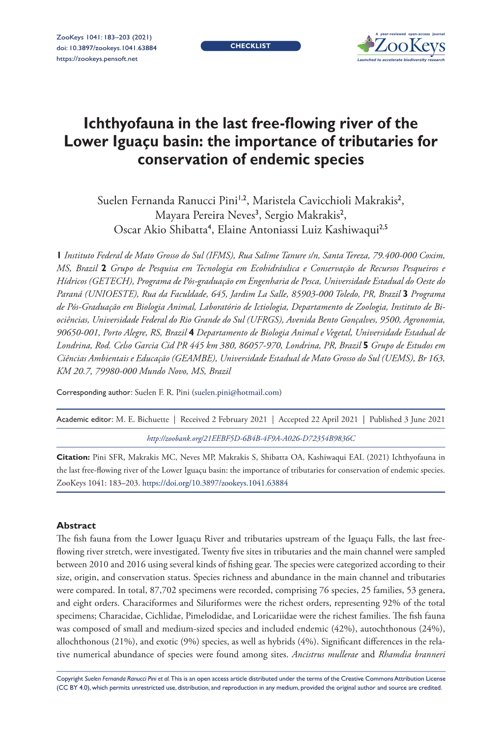 Ichthyofauna in the Last Free-Flowing River of the Lower Iguaçu Basin: the Importance of Tributaries for Conservation of Endemic Species