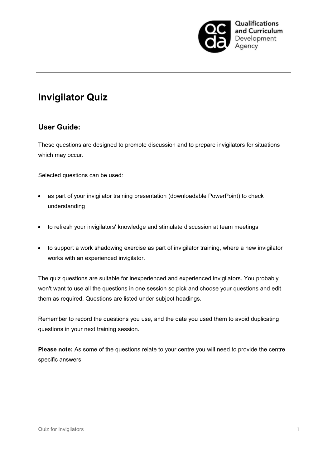 Invigilator Quiz User Guide