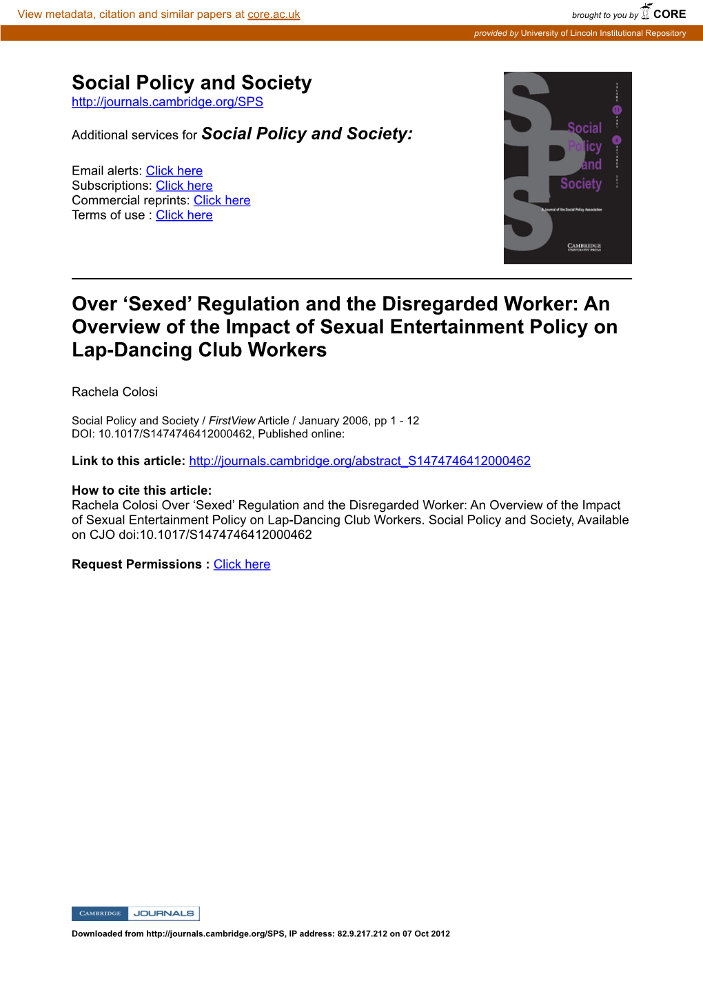 Sexed’ Regulation and the Disregarded Worker: an Overview of the Impact of Sexual Entertainment Policy on Lap­Dancing Club Workers