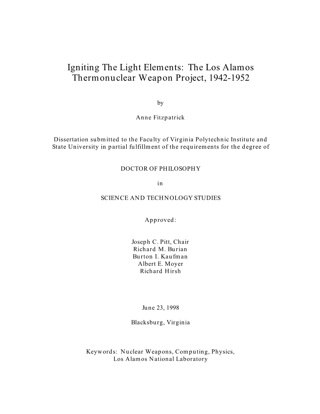 The Los Alamos Thermonuclear Weapon Project, 1942-1952